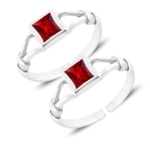 pure silver toe ring with red square gemstone