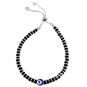 Adjustable Nazariya bracelet in pure silver with black beads with evil eye