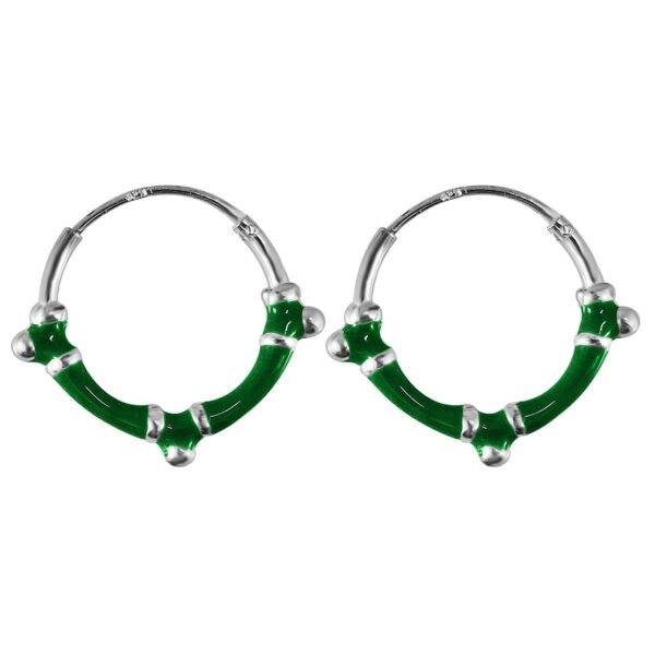 Pure silver round bali hoops green earrings