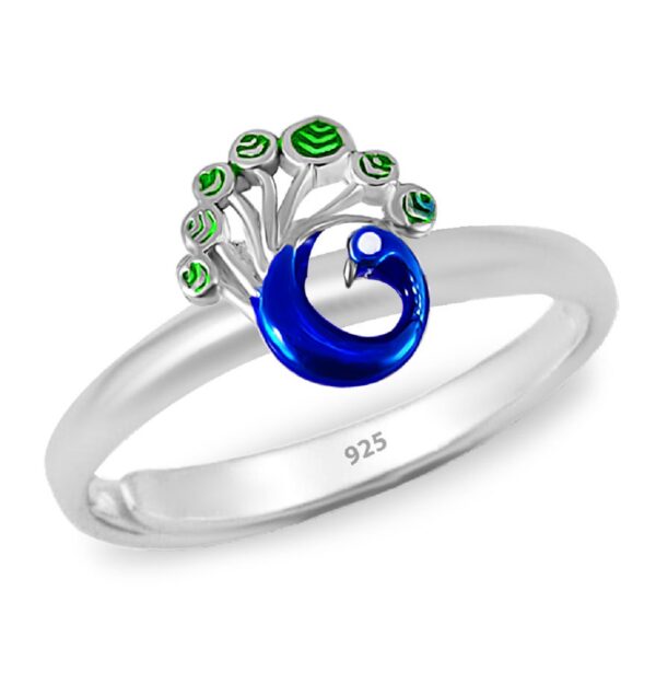 Pure silver colorful peacock enamel adjustable finger ring in pure silver for kids and girls