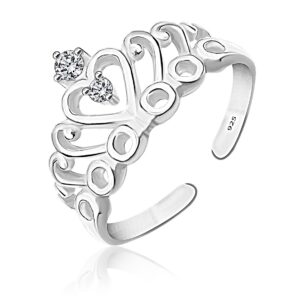 silver solitaire crown adjustable finger ring in pure silver for women and girls