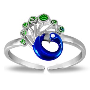 Pure silver colorful peacock enamel adjustable finger ring in pure silver for kids and girls