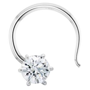 Round nose ring with white solitaire in pure silver
