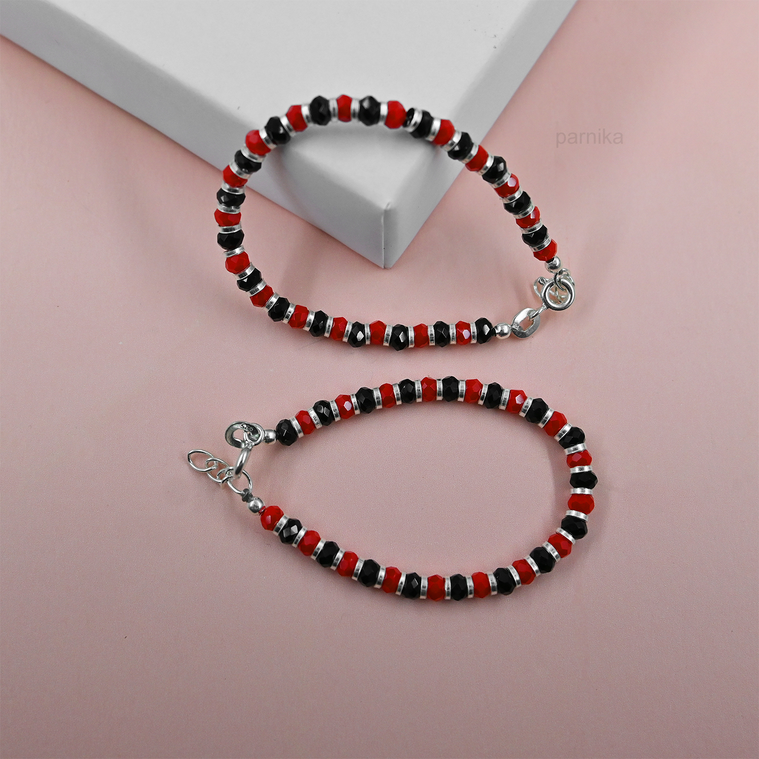 MJNZ0018 2 Pure silver baby nazariya bracelet with red and black beads in 92.5 silver