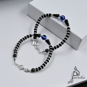 Baby nazariya bracelet with evil eye & black beads in silver