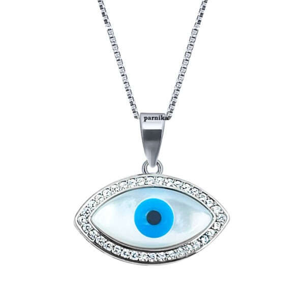 Evil eye Zircons studded eye shape pendent in 92.5 certified pure silver from parnika