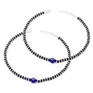 Adjustable silver nazariya anklet with evil eye and black beads