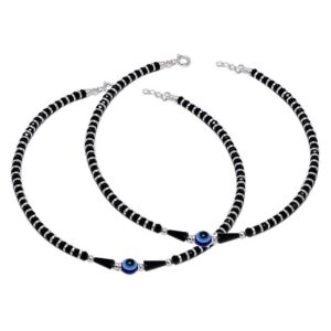 Adjustable silver nazariya anklet payal with evil eye and black & silver beads