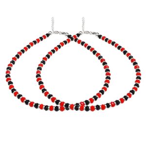Adjustable silver nazariya anklet payal with black & red beads