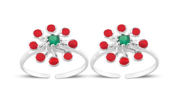 Floral pattern silver toe ring with red enamel and green stone