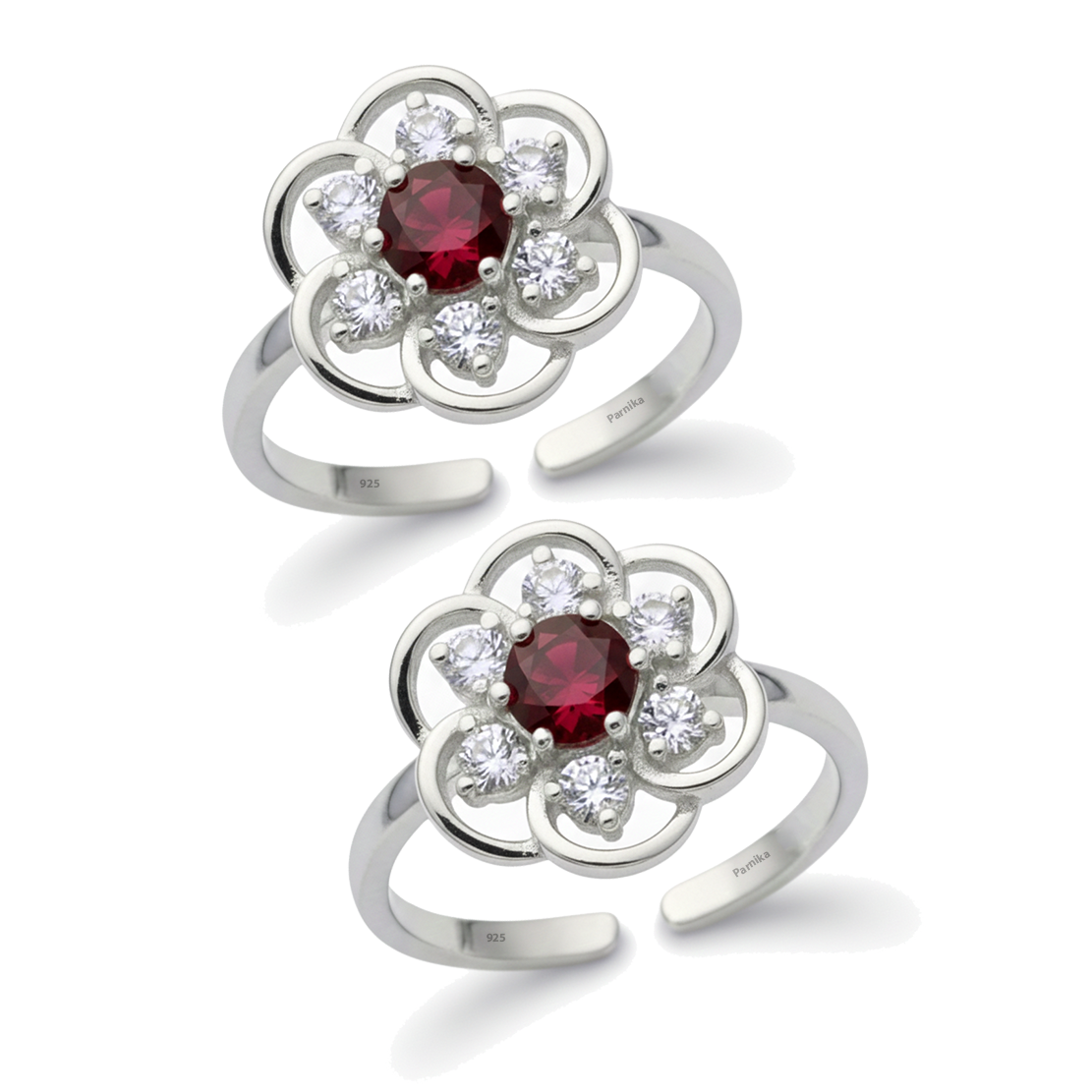 MJTR0179 1 Toe ring in floral pattern with red gemstone in pure silver
