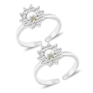 Toe ring in floral pattern with pearl and cz in pure silver