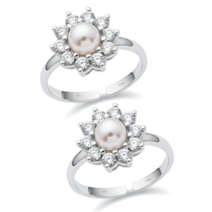 Toe ring in floral pattern with pearl and cz in pure silver