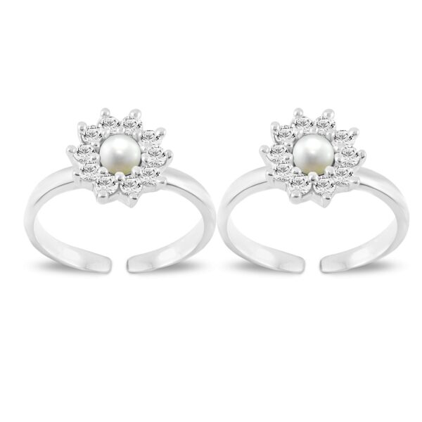 Toe ring in floral pattern with pearl and cz in pure silver