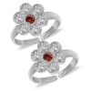 Toe ring in floral pattern with red gemstone in pure silver