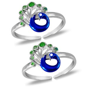 Peacock pattern silver toe ring colorful
