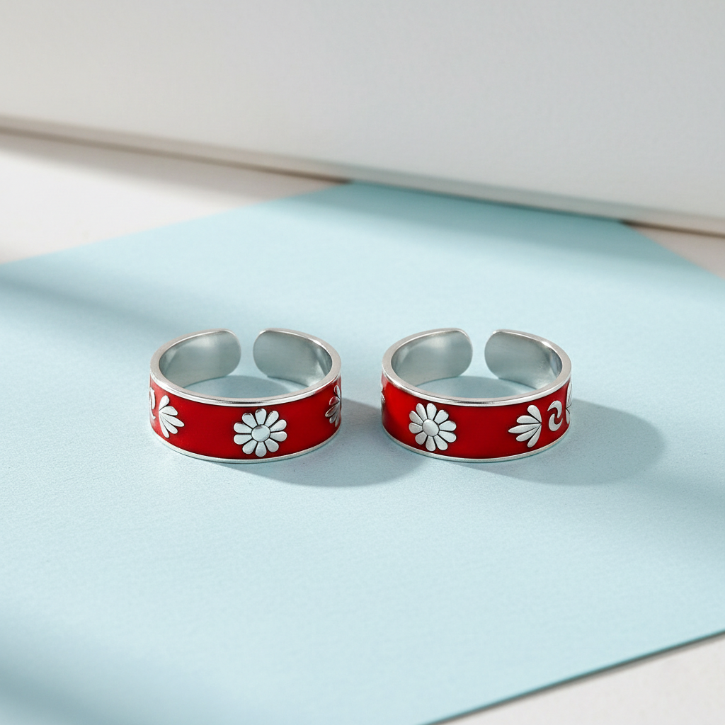 MJTR0258 new 3 Red enamel antique pattern pure silver toe ring