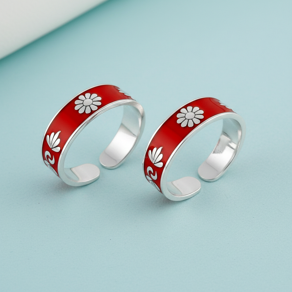 MJTR0258 new 4 Red enamel antique pattern pure silver toe ring