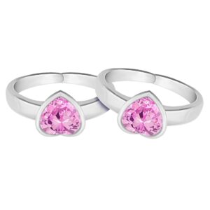 heart design pink stone silver toe ring for women