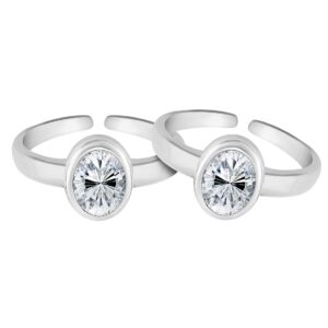 Oval shape design white stone silver toe ring for women
