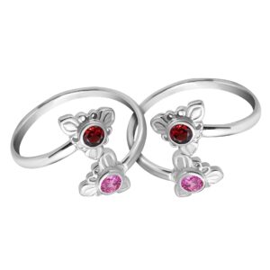 Top open silver toe ring with red and pink gemstone