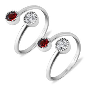 Top open silver toe ring with red and white gemstone