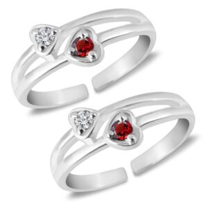 silver toe ring with red and white gemstone heart shape
