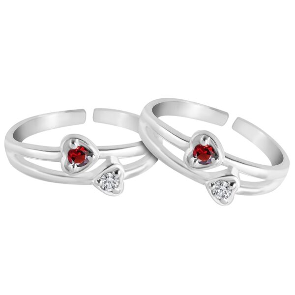 silver toe ring with red and white gemstone heart shape