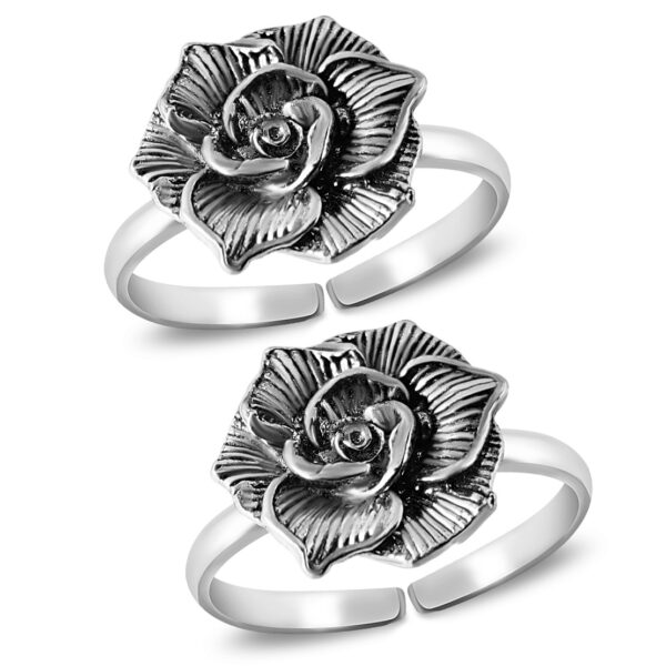 Antique pure silver oxidized flower toe ring