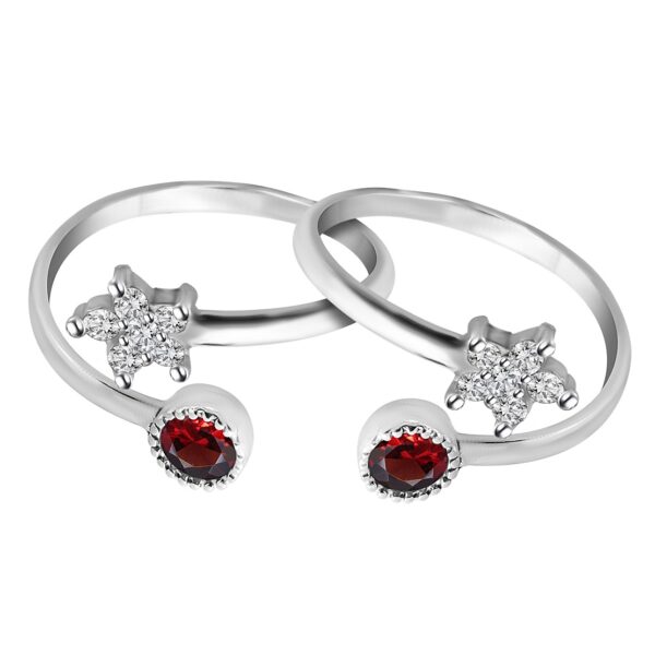 Top open silver toe ring with two stones red and white