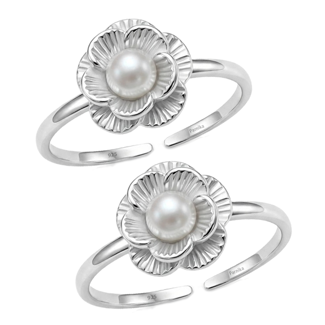 MJTR0299 1 Pearl toe ring in floral pattern pure silver