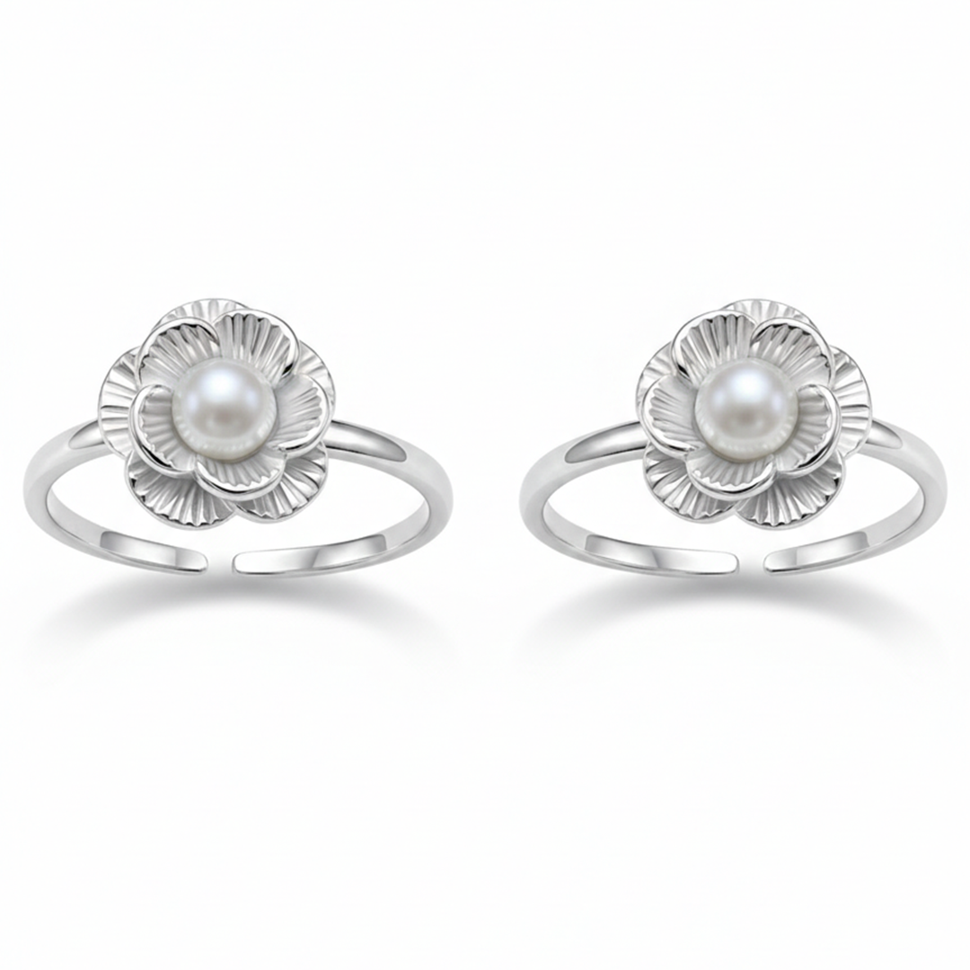 MJTR0299 6 Pearl toe ring in floral pattern pure silver