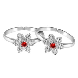 Toe ring in floral pattern with red gemstone in pure silver