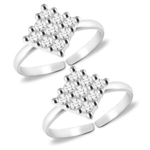 Square shape cz studded toe ring in pure silver