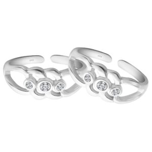Braid pattern silver toe ring with white gemstone