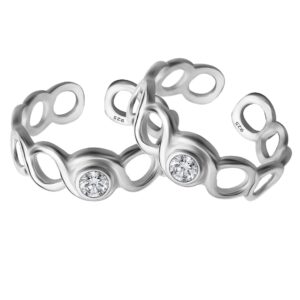 Braid pattern silver toe ring with white gemstone