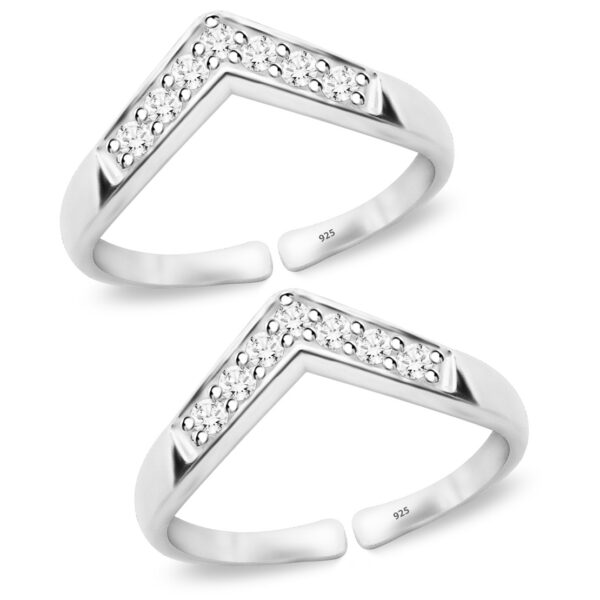 V shape silver toe ring with white CZ for women