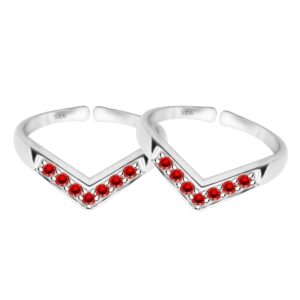 V shape silver toe ring with red stones