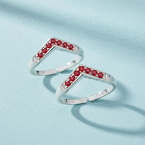 V shape silver toe ring with red stones