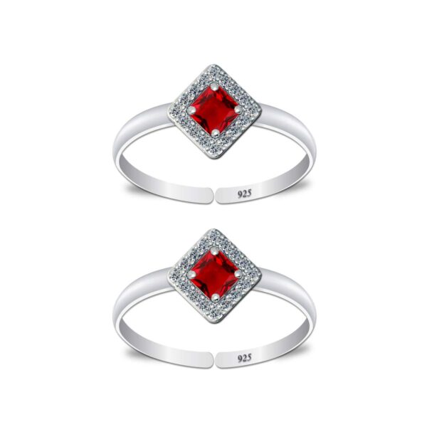 Square shape toe ring with red stone at center for women in pure silver