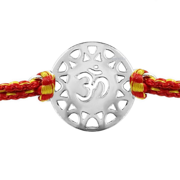 Om round silver rakhi for brother in thread