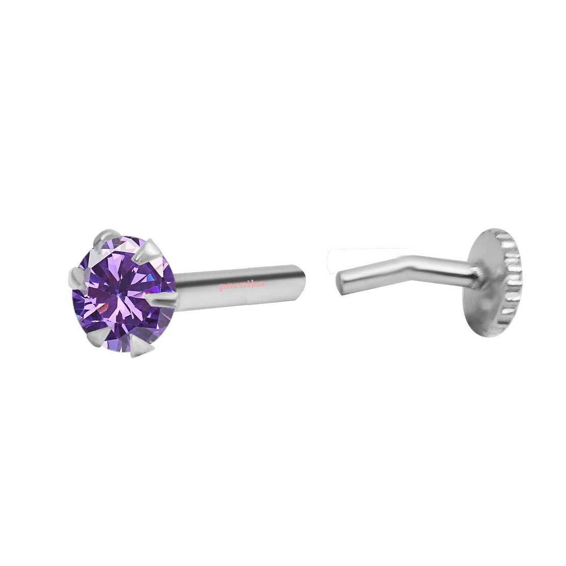 1 MJNP0014 Round shape purple solitaire stud in pure silver