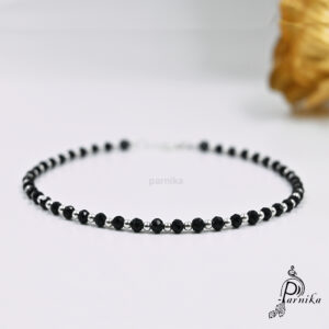 Adjustable silver nazariya anklet payal with black & silver beads