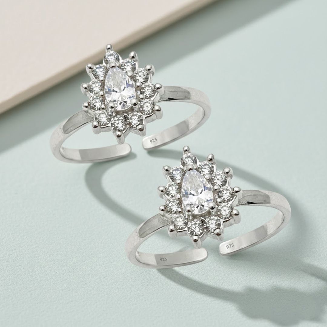 MJTR0176 4 Toe ring in floral pattern with cz in pure silver