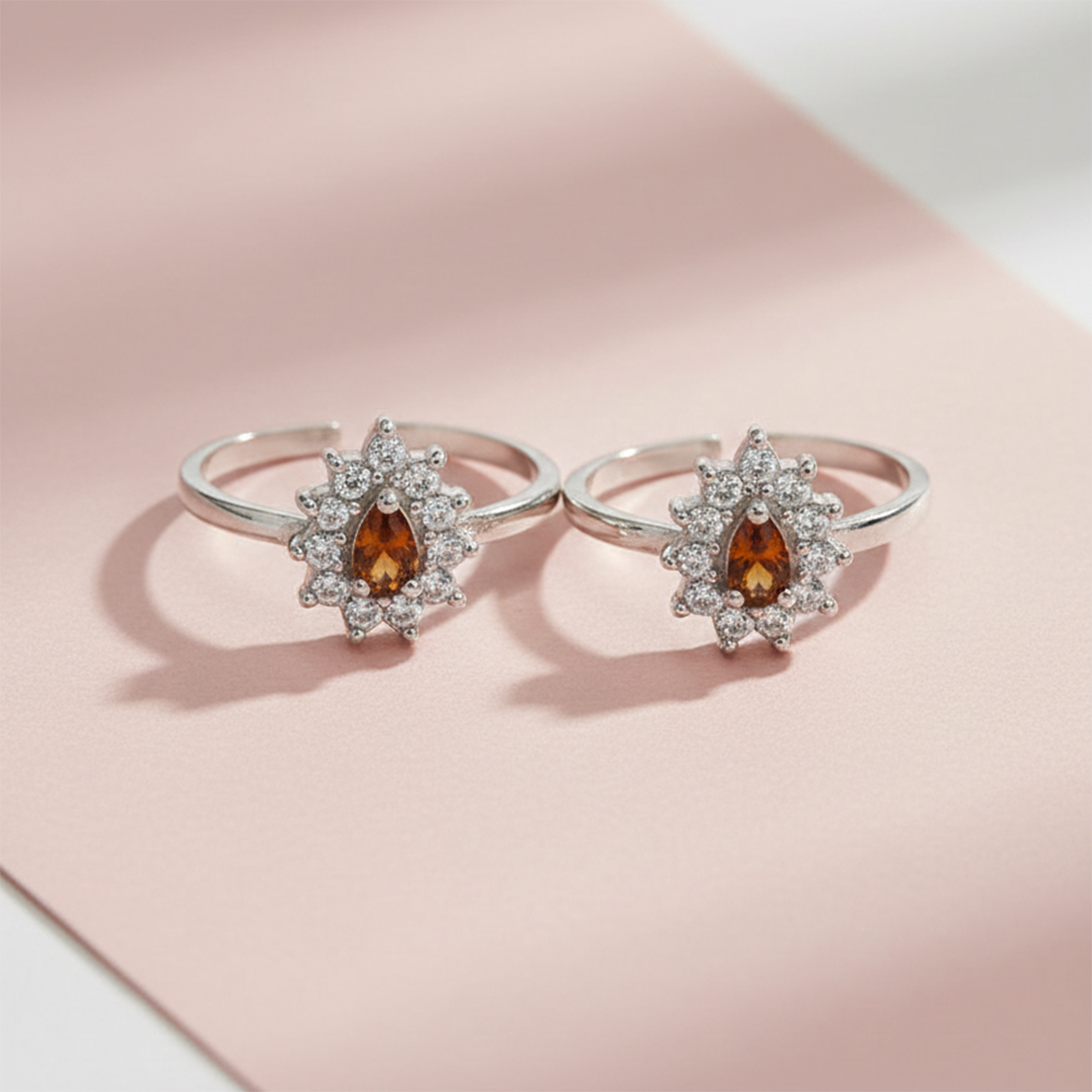 MJTR0199 3 Toe ring in floral pattern with cz in pure silver