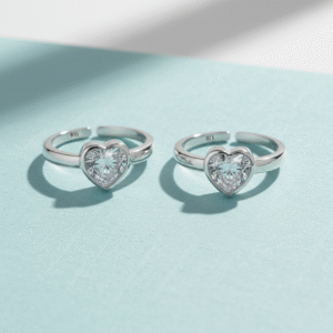 heart design pink stone silver toe ring for women