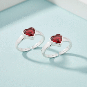 heart design pink stone silver toe ring for women