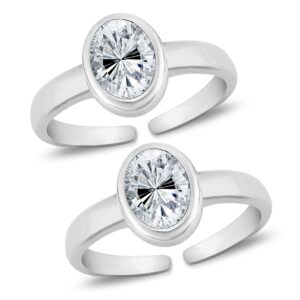 Oval shape design white stone silver toe ring for women