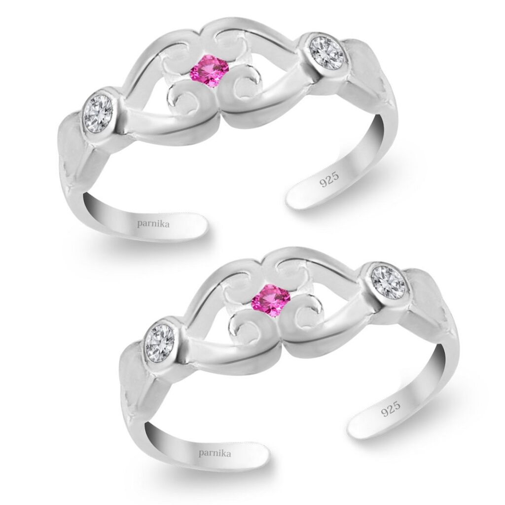 Band Design Adjustable Silver Toe Rings With Zircon Stone Pink - Parnika