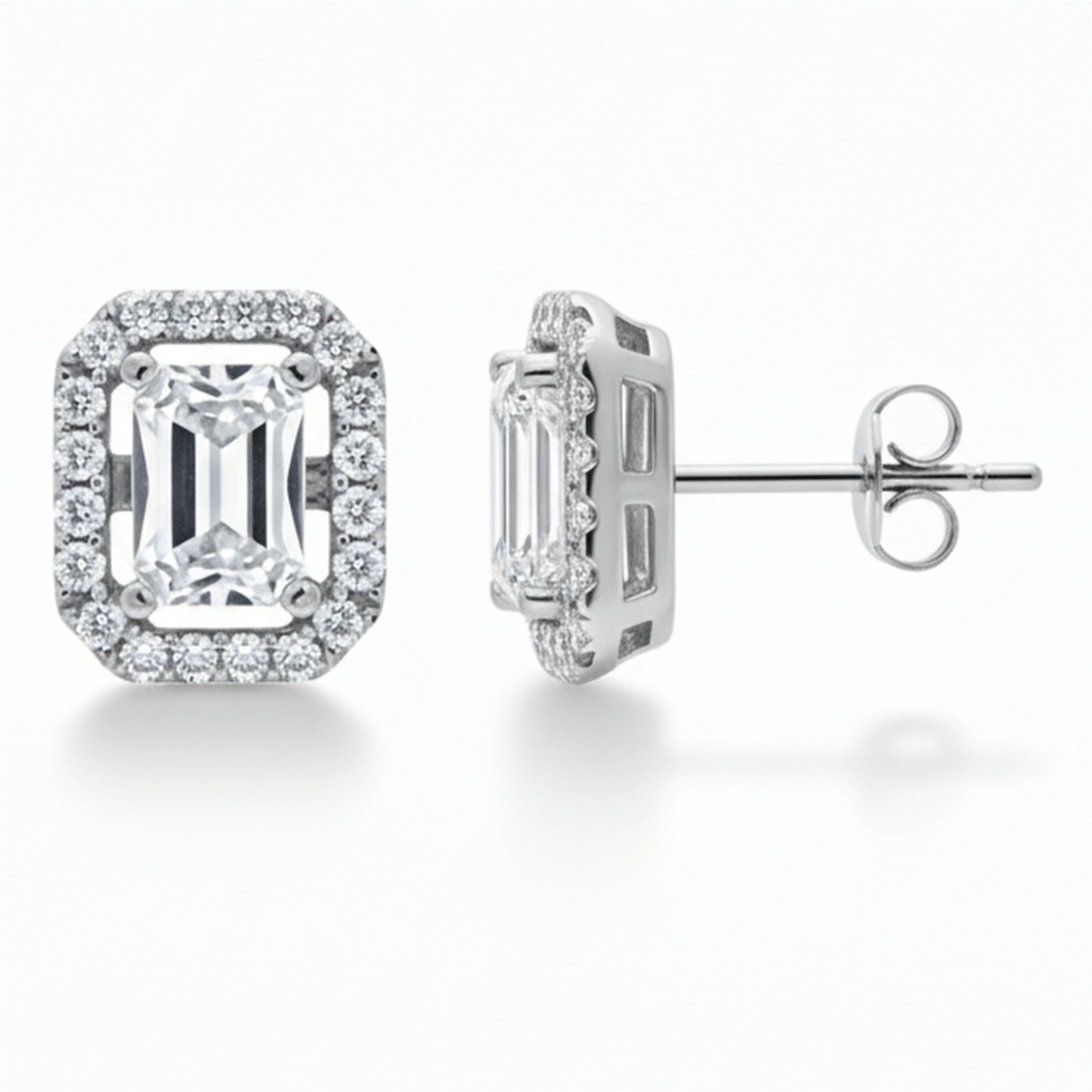 Emerald Cut CZ Halo Earrings